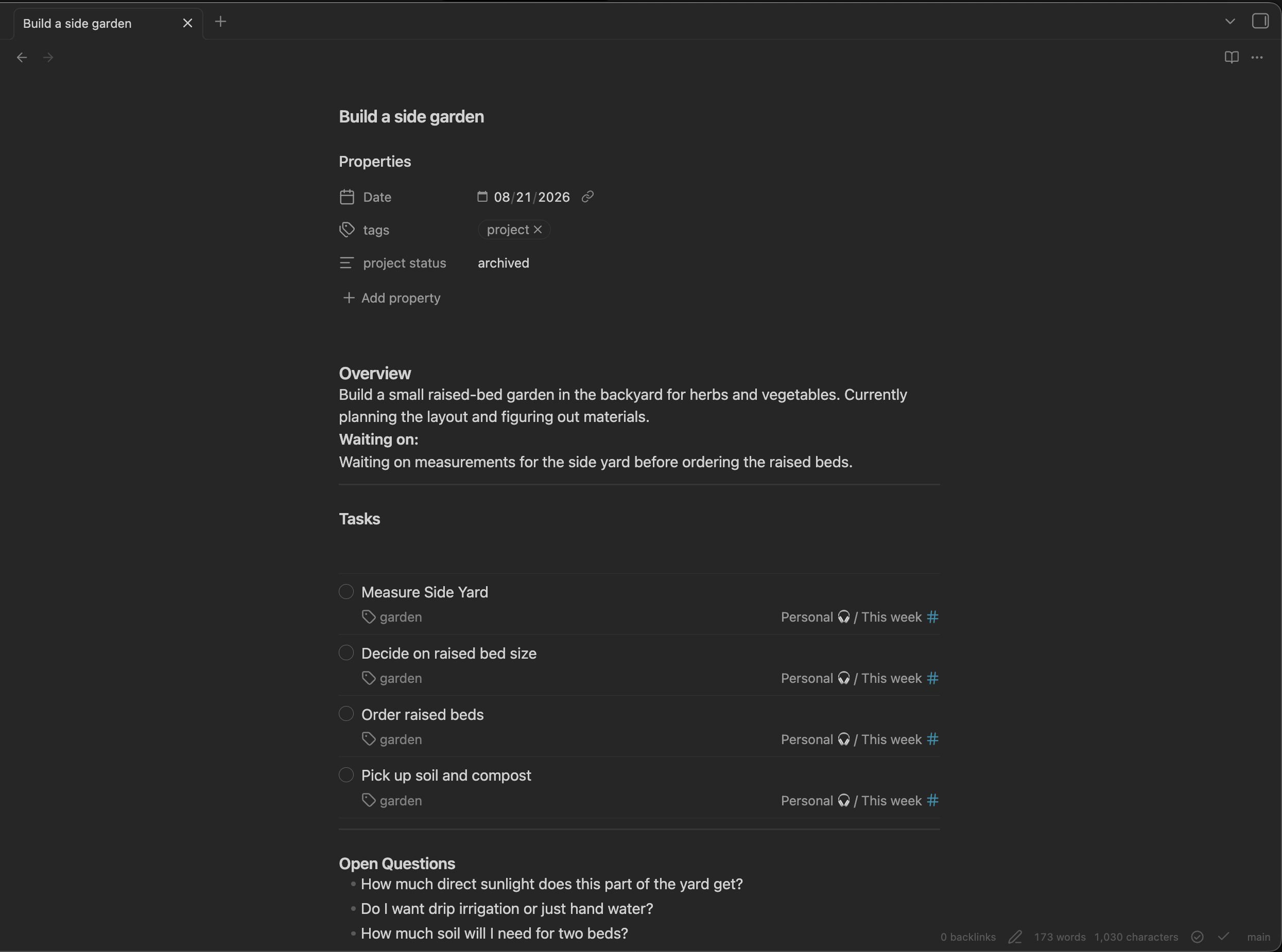 My Build a side garden project note in Obsidian, including its overview, waiting-on status, Todoist tasks, and open questions