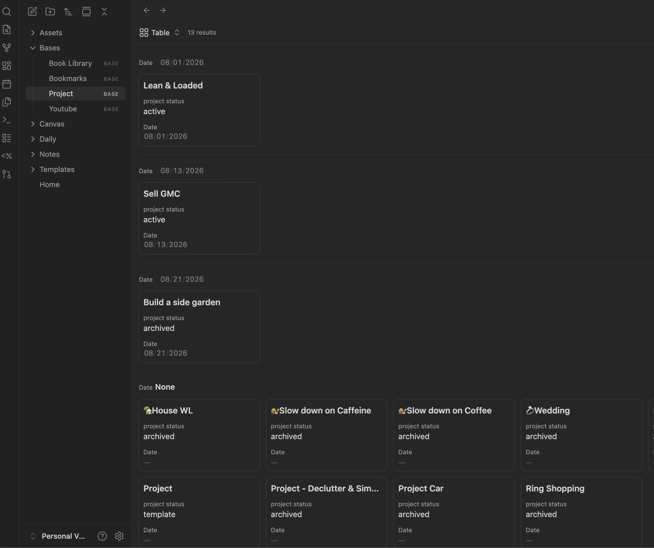 My Projects Base in Obsidian, grouping project notes by date and showing their current status