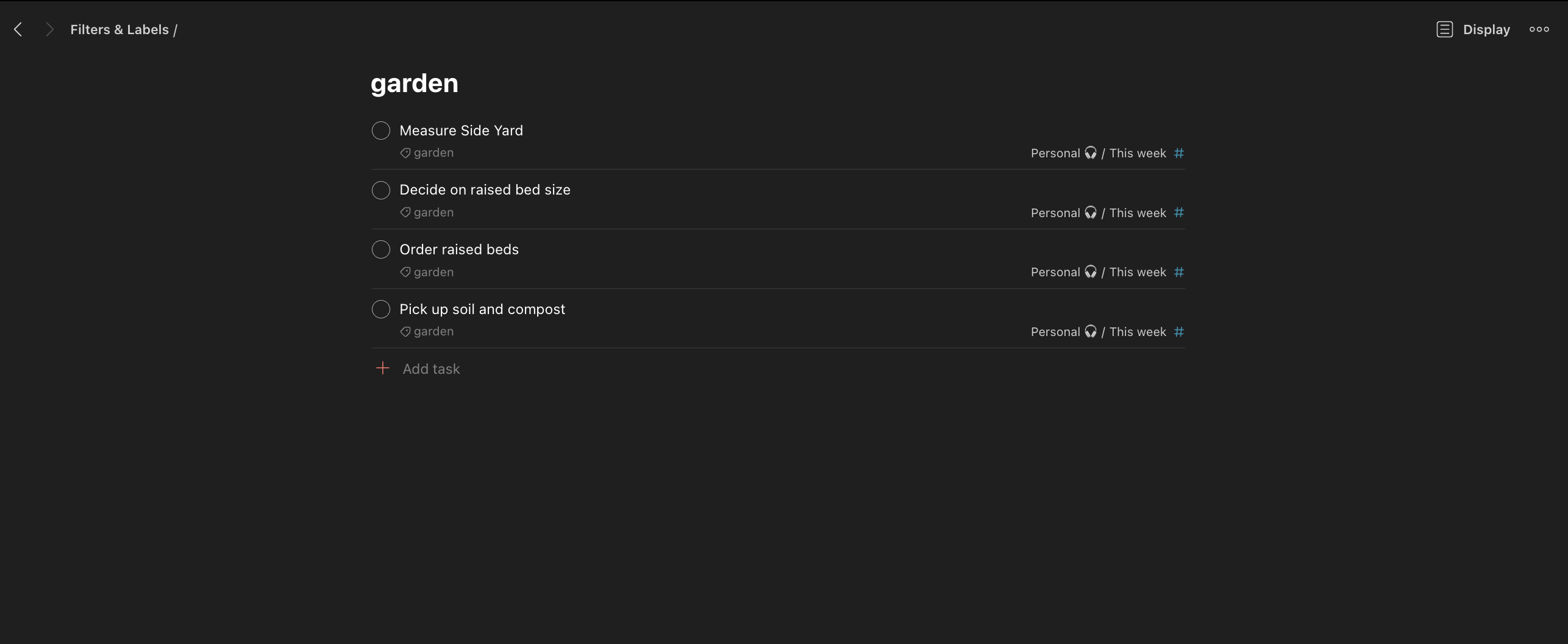 The garden label in Todoist showing its associated project tasks