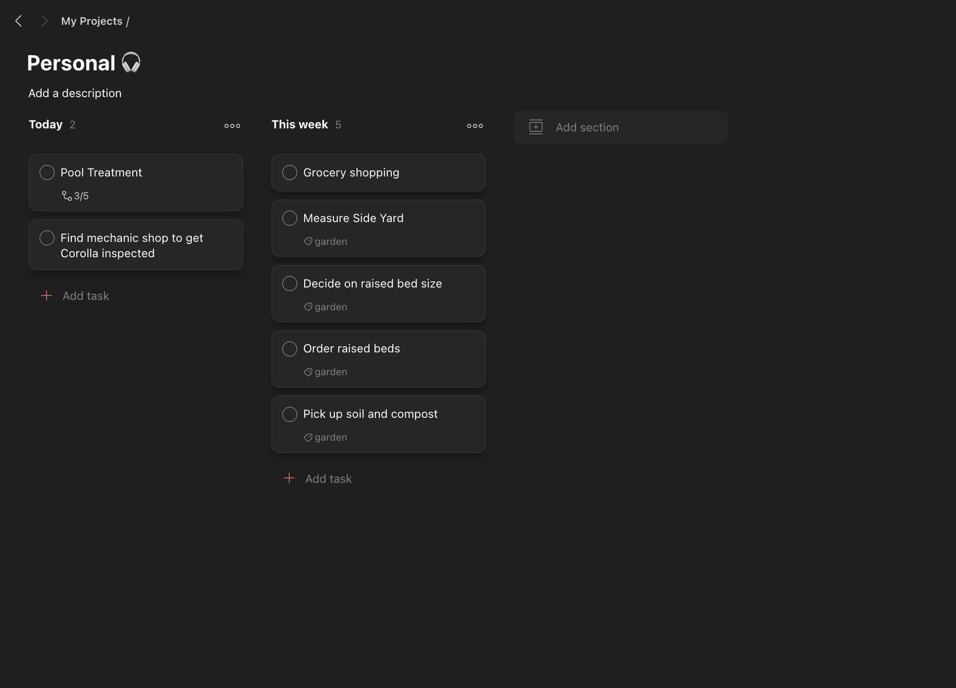 My personal Todoist Kanban board with Today and This Week sections